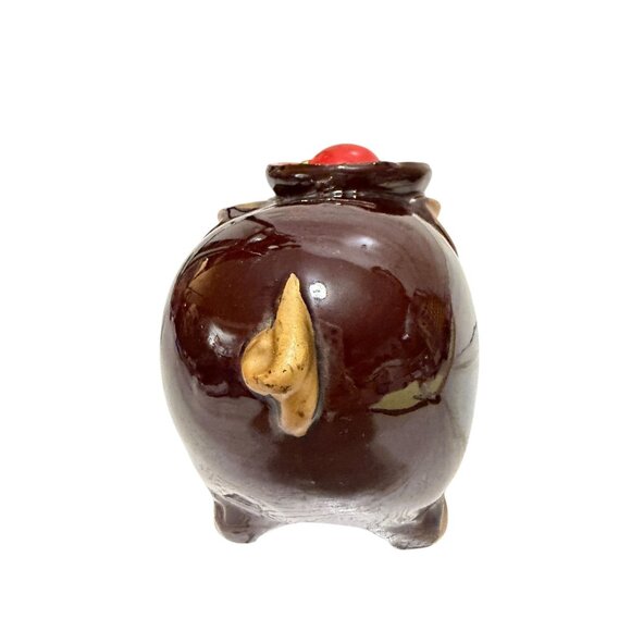 Vintage Ceramic Glossy Brown Piggy Bank Hat Coin Slot Stopper Decorative Japan - Picture 5 of 8